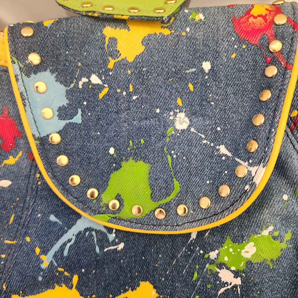 Junior Drake Y2K Paint Splatter Denim Shoulder Bag Heart Charms - Picture 4 of 10
